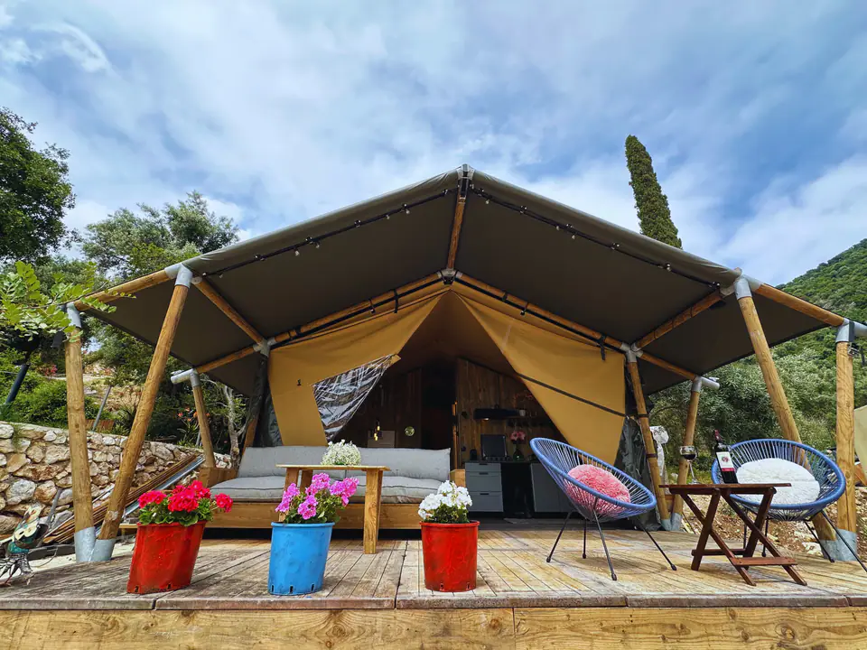 Luxury glamping tent exterior at Metaxas Retreats, Lefkada Greece
