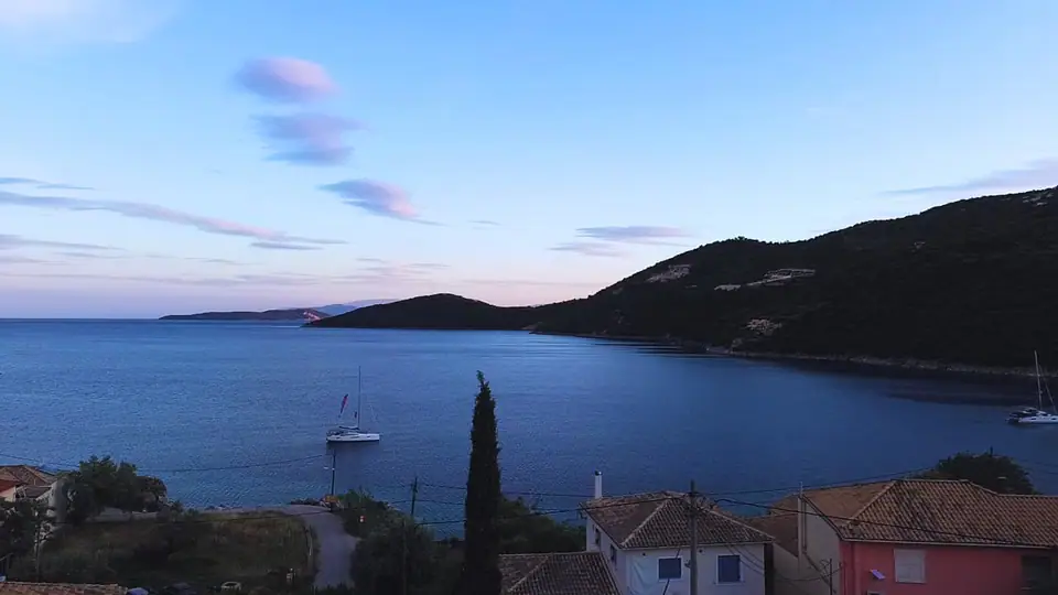 Glamping tent with panoramic sea view over Mikros Gialos bay, Lefkada Greece